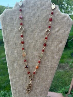 Artisan Fire Red Agate Bead and Leaf Pendant Necklace